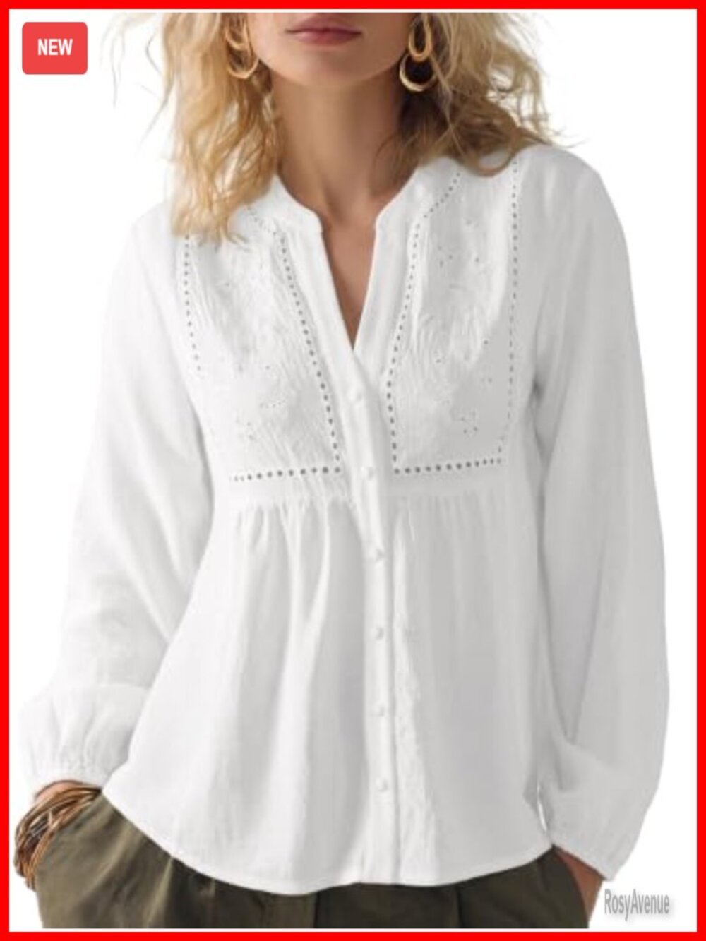 Women Flowy Boho Blouse Long Sleeve Button Down V-Neck Embroidered Top